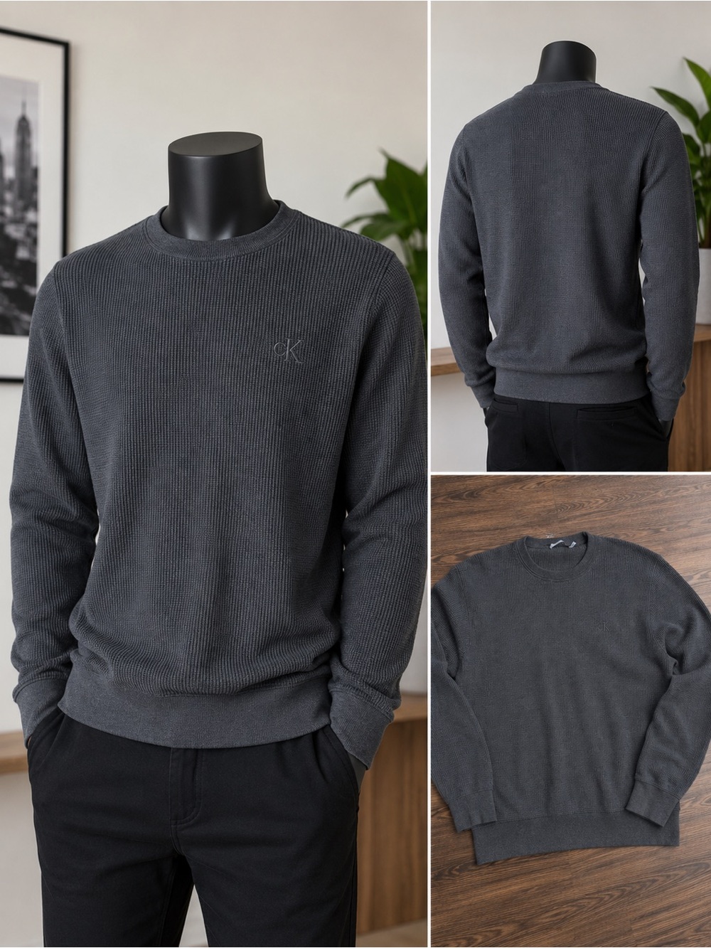 Calvin Klein Gray Knit Crewneck Sweater with Long Sleeves